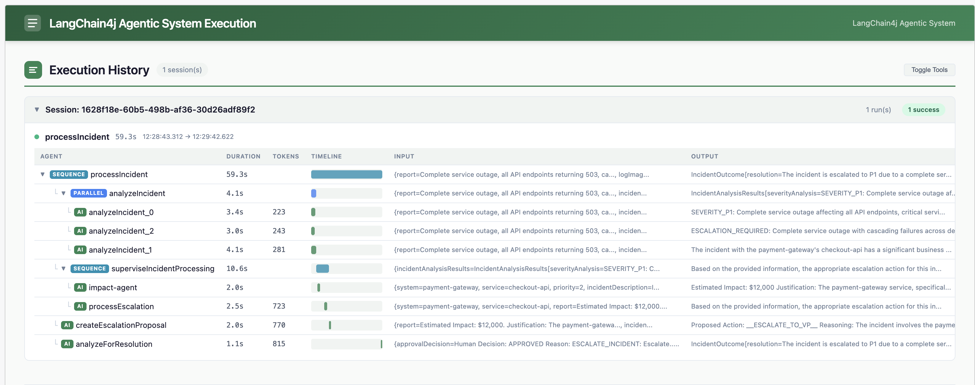 App report Execution History showing the completed incident workflow and remote impact-agent call