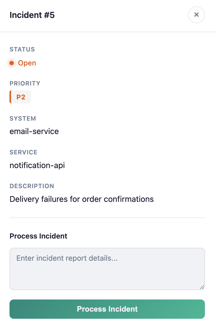 Detail panel for processing an incident