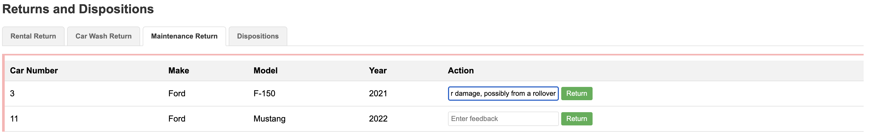 Maintenance Returns Tab