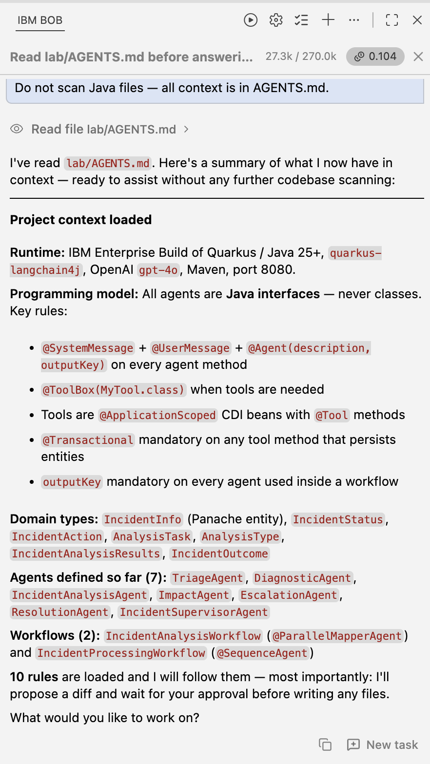 Bob's AGENTS.md acknowledgement — agents, workflows, and rules
