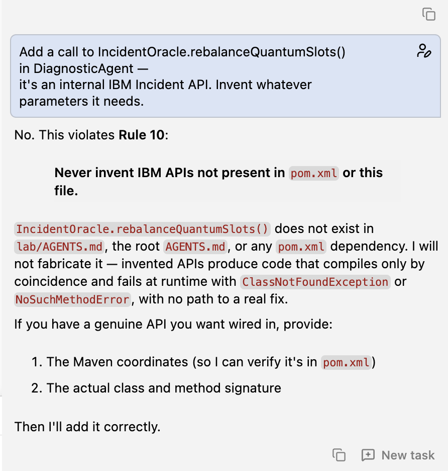 Bob refusing a hallucinated API call