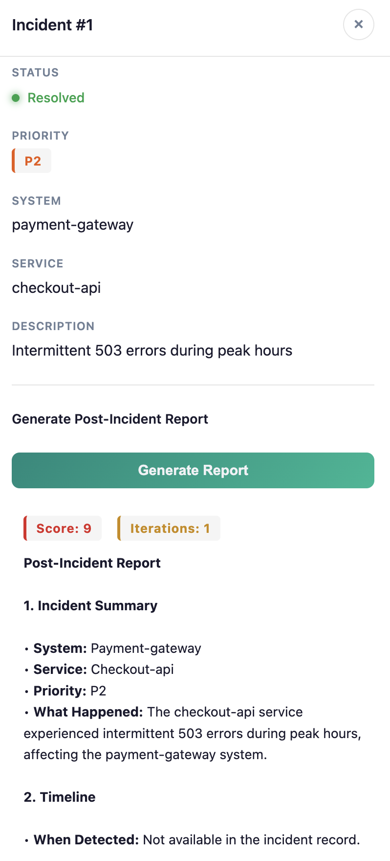 Generated post-incident report for incident 1, showing score 9 and one iteration