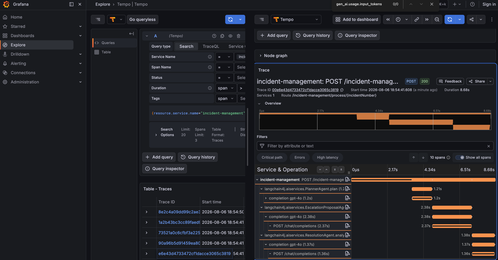 Grafana Tempo trace view